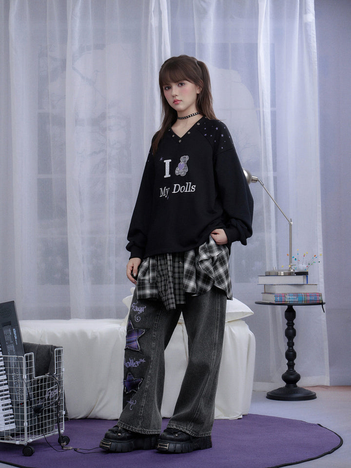 Starry Teddy V-Neck Sweatshirt
