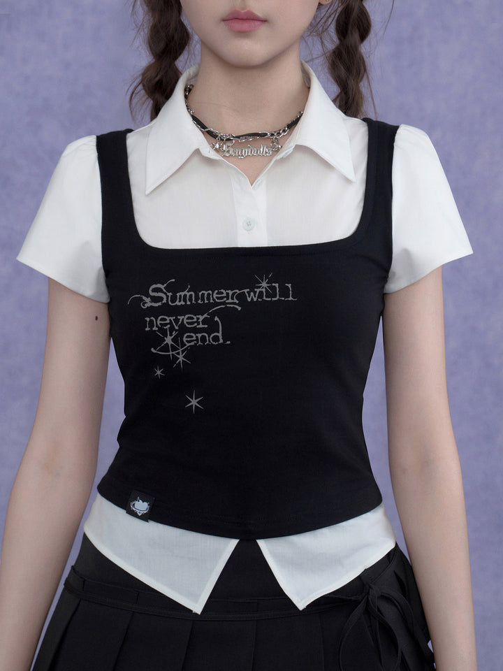 Dark Academia Layered Collared Graphic Top
