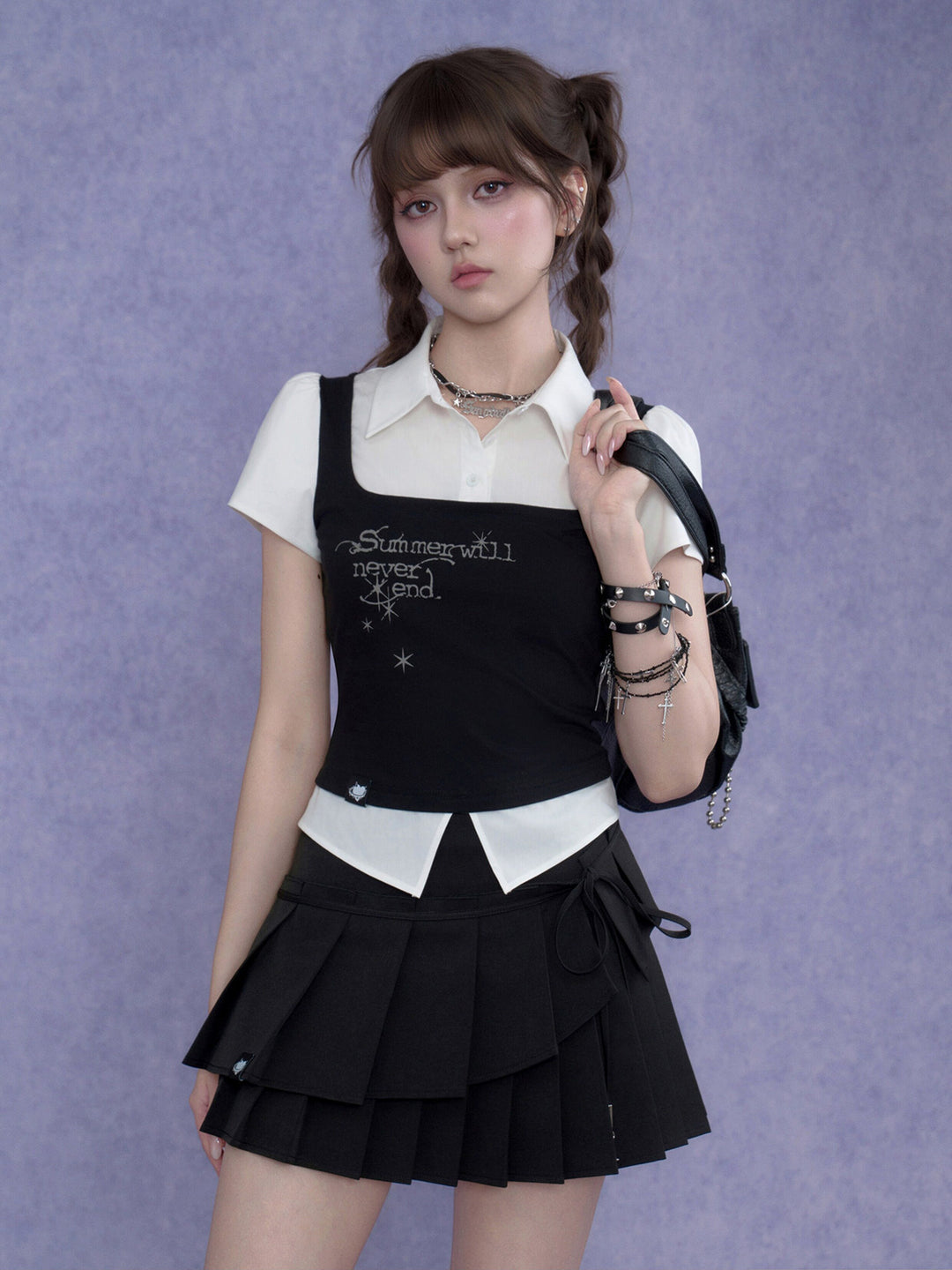 Dark Academia Layered Collared Graphic Top