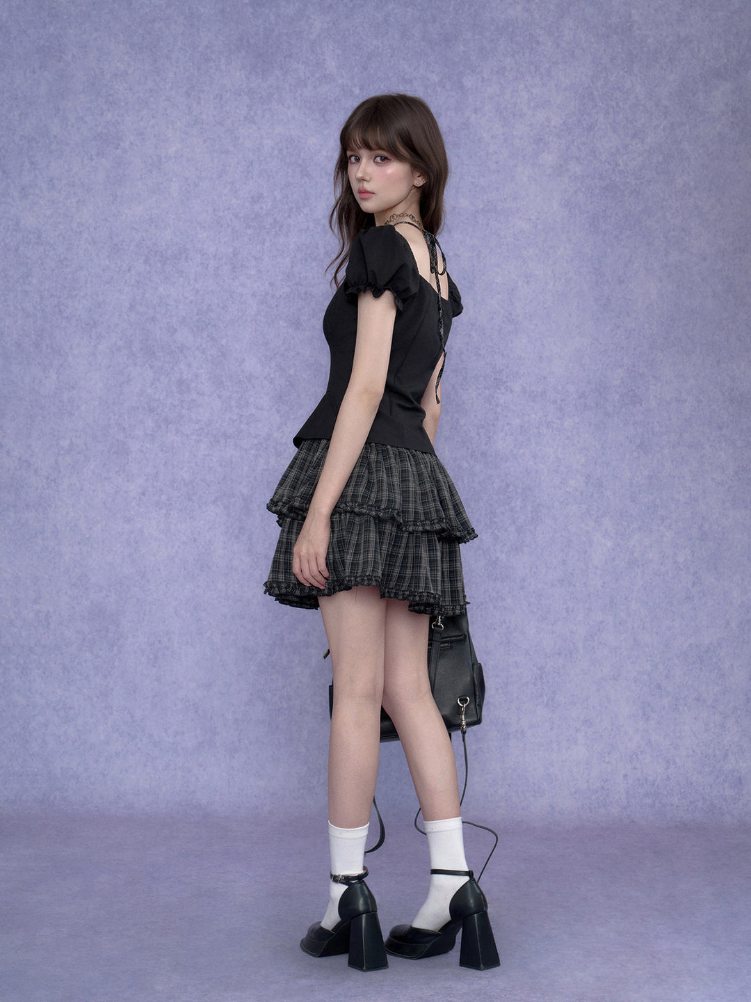 Gothic Coquette Plaid Tiered Mini Dress with Puff Sleeves