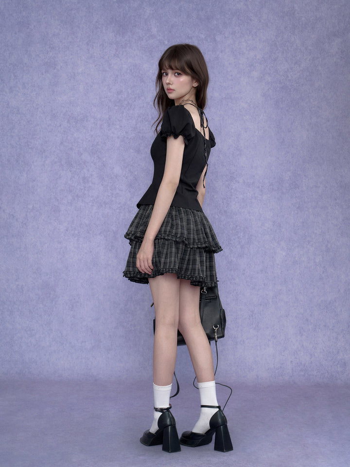 Gothic Coquette Plaid Tiered Mini Dress with Puff Sleeves