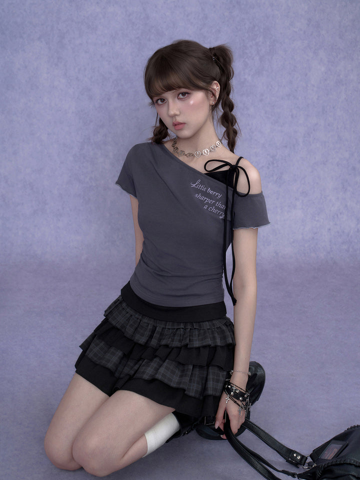 Y2K Asymmetric Tie-Shoulder Layered Top