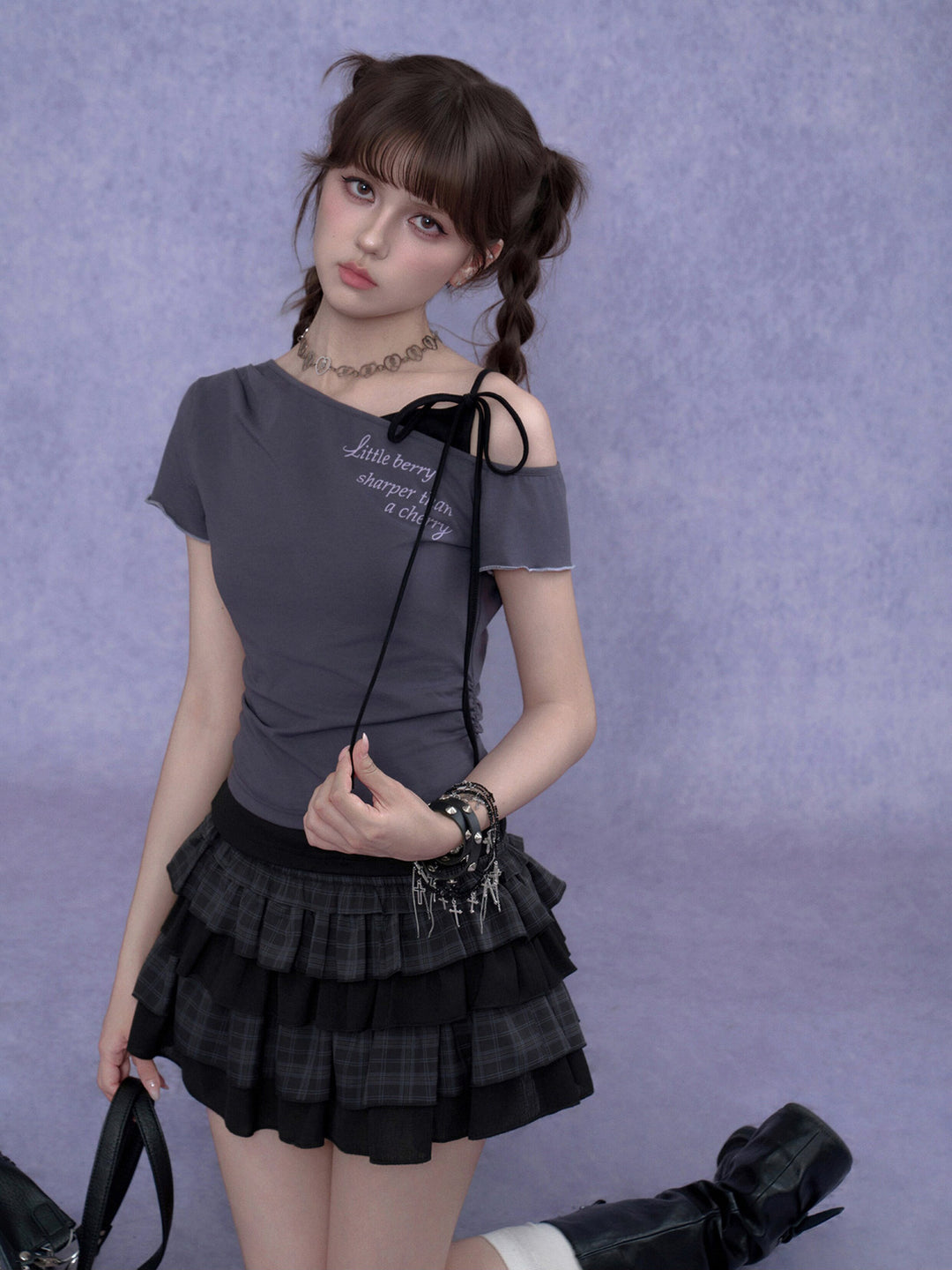 Y2K Asymmetric Tie-Shoulder Layered Top
