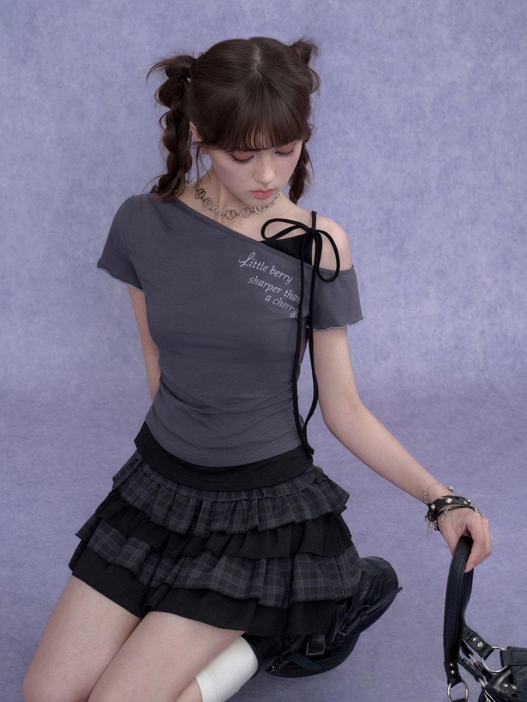 Y2K Asymmetric Tie-Shoulder Layered Top