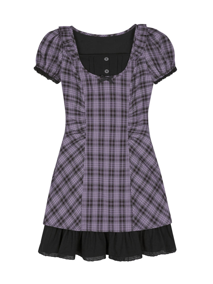 Purple Plaid Bow Ruffle Mini Dress