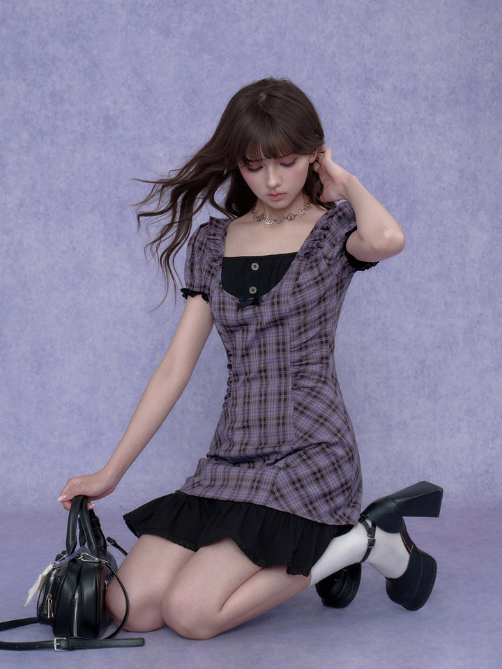 Purple Plaid Bow Ruffle Mini Dress
