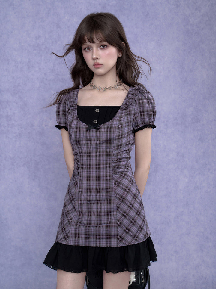 Purple Plaid Bow Ruffle Mini Dress