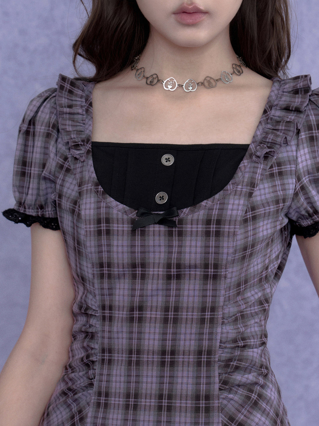 Purple Plaid Bow Ruffle Mini Dress