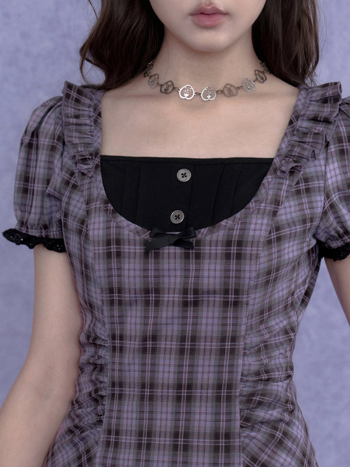 Purple Plaid Bow Ruffle Mini Dress