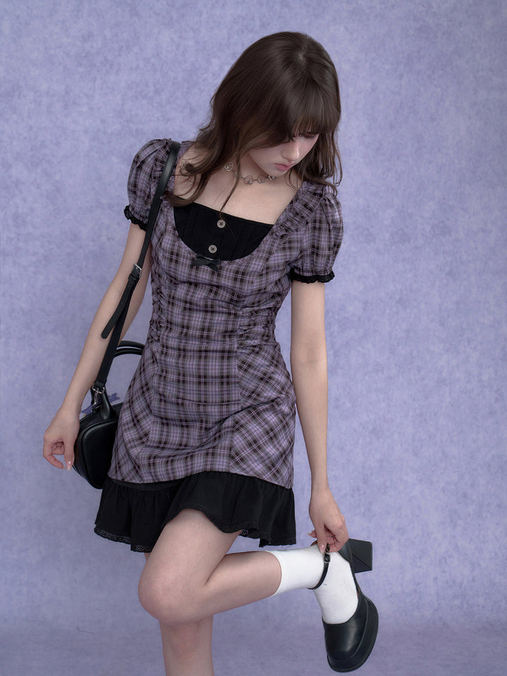 Purple Plaid Bow Ruffle Mini Dress