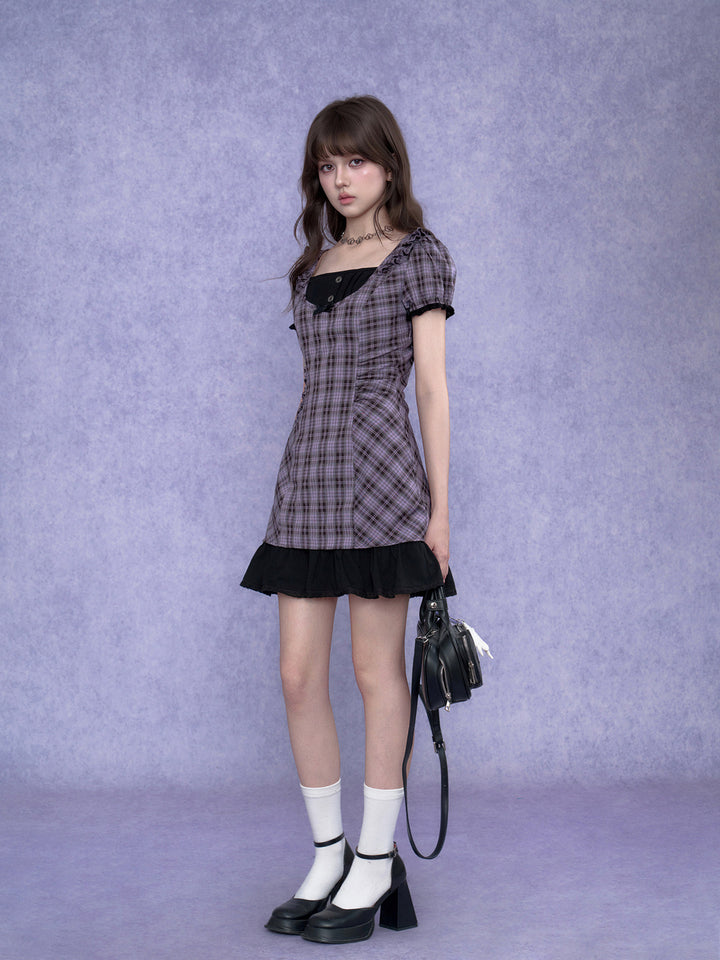 Purple Plaid Bow Ruffle Mini Dress