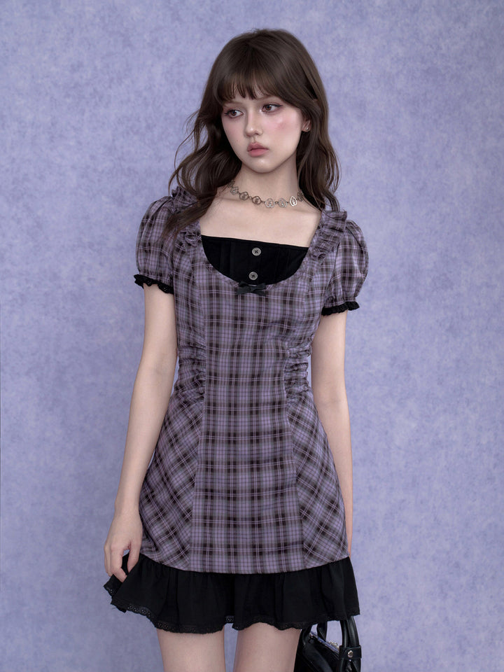 Purple Plaid Bow Ruffle Mini Dress
