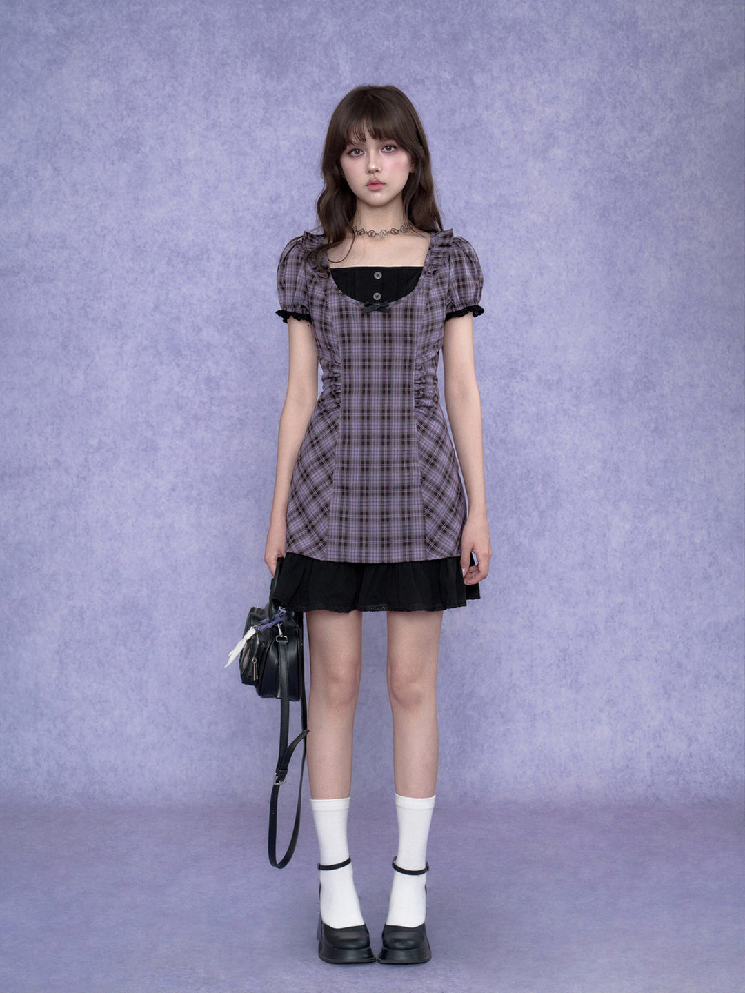 Purple Plaid Bow Ruffle Mini Dress