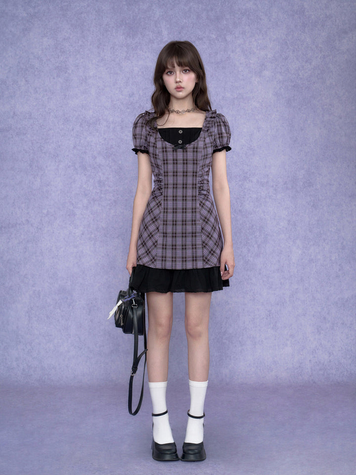 Purple Plaid Bow Ruffle Mini Dress