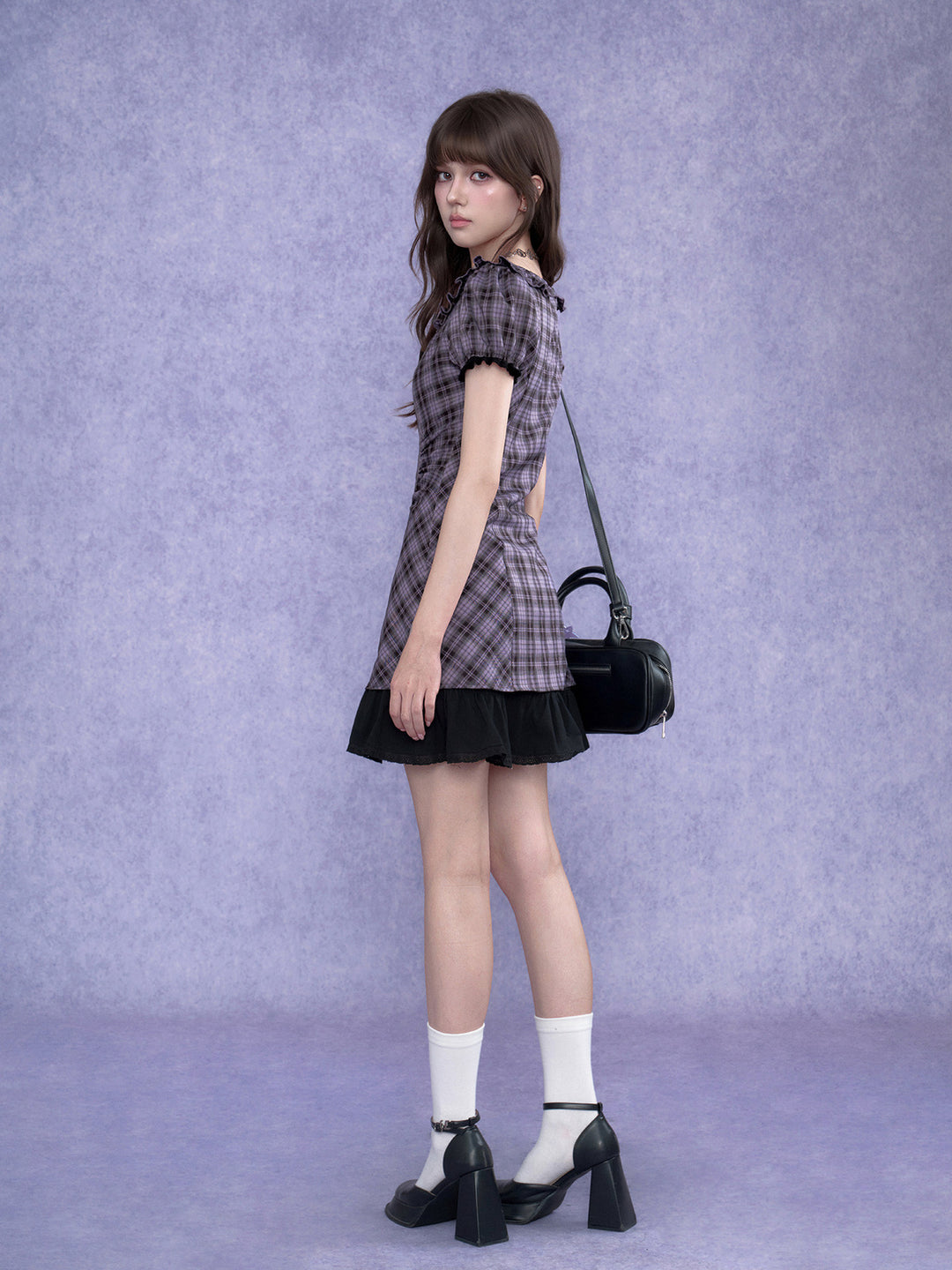 Purple Plaid Bow Ruffle Mini Dress