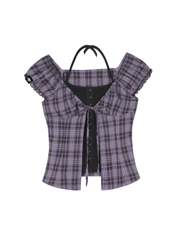 Purple Plaid Faux Layered Halter Top