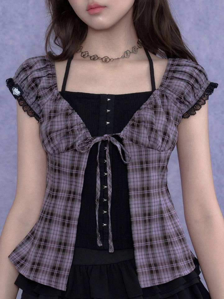 Purple Plaid Faux Layered Halter Top