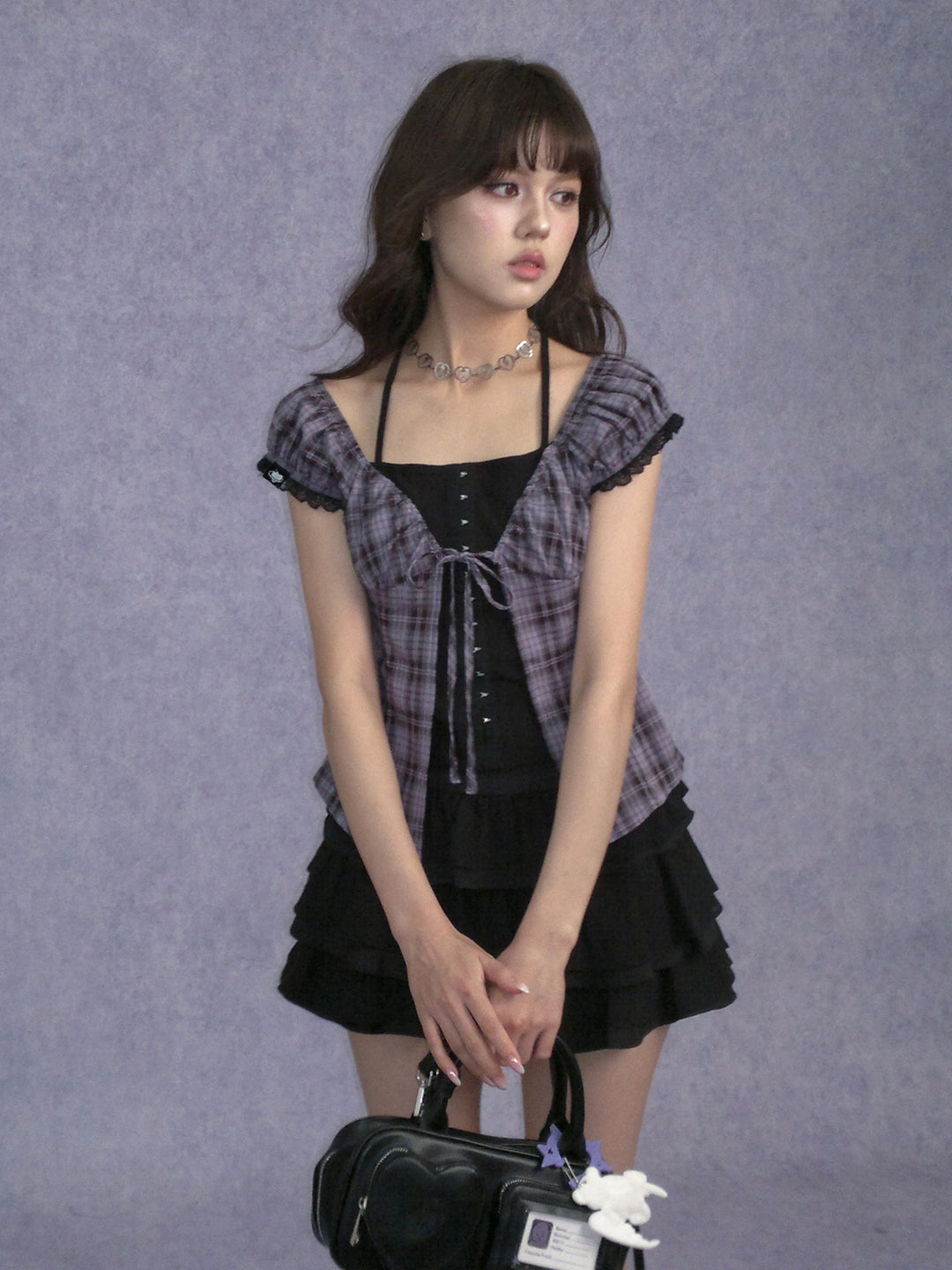 Purple Plaid Faux Layered Halter Top