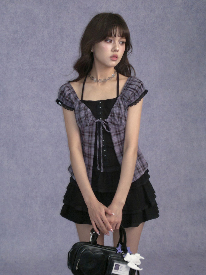 Purple Plaid Faux Layered Halter Top