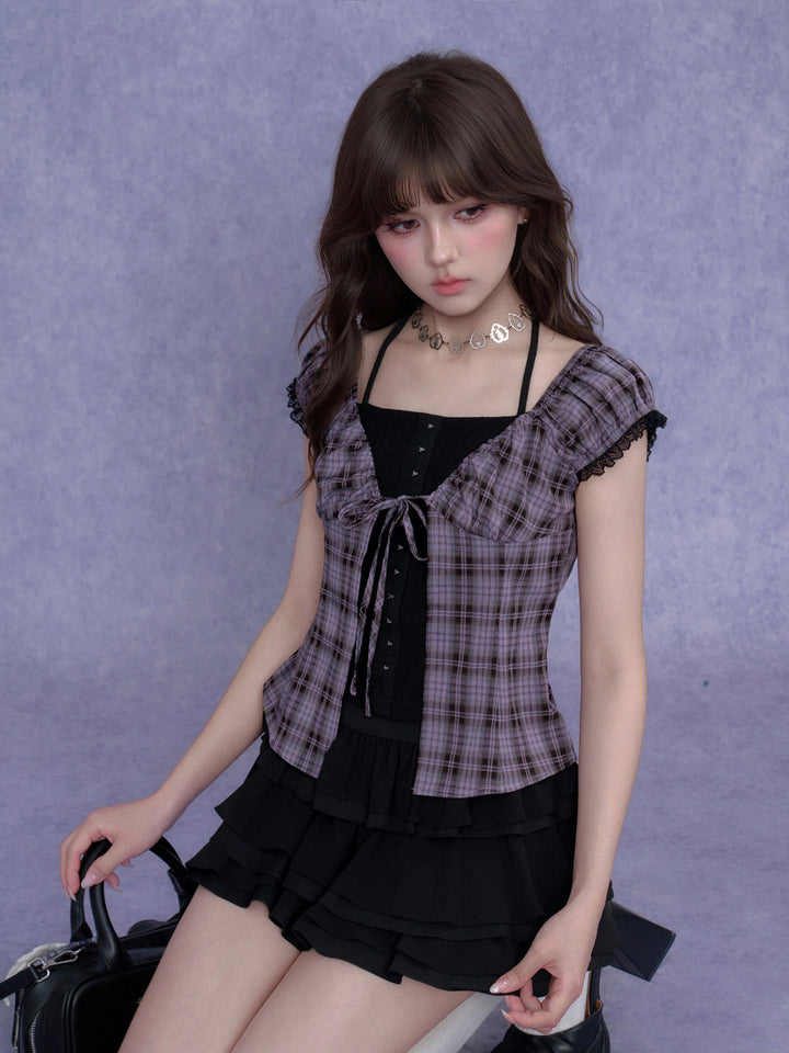 Purple Plaid Faux Layered Halter Top