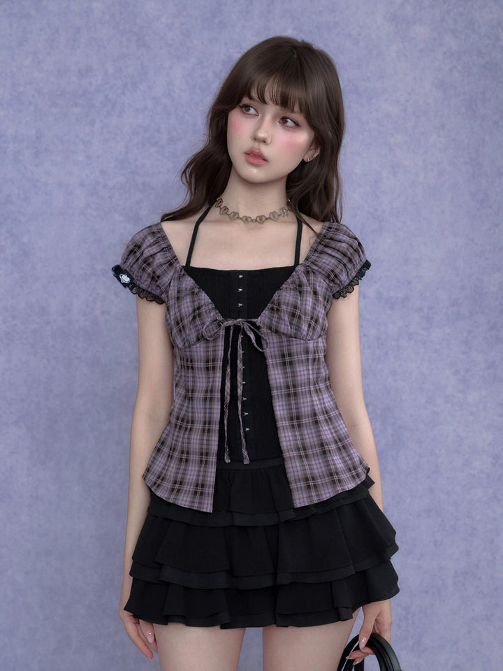 Purple Plaid Faux Layered Halter Top
