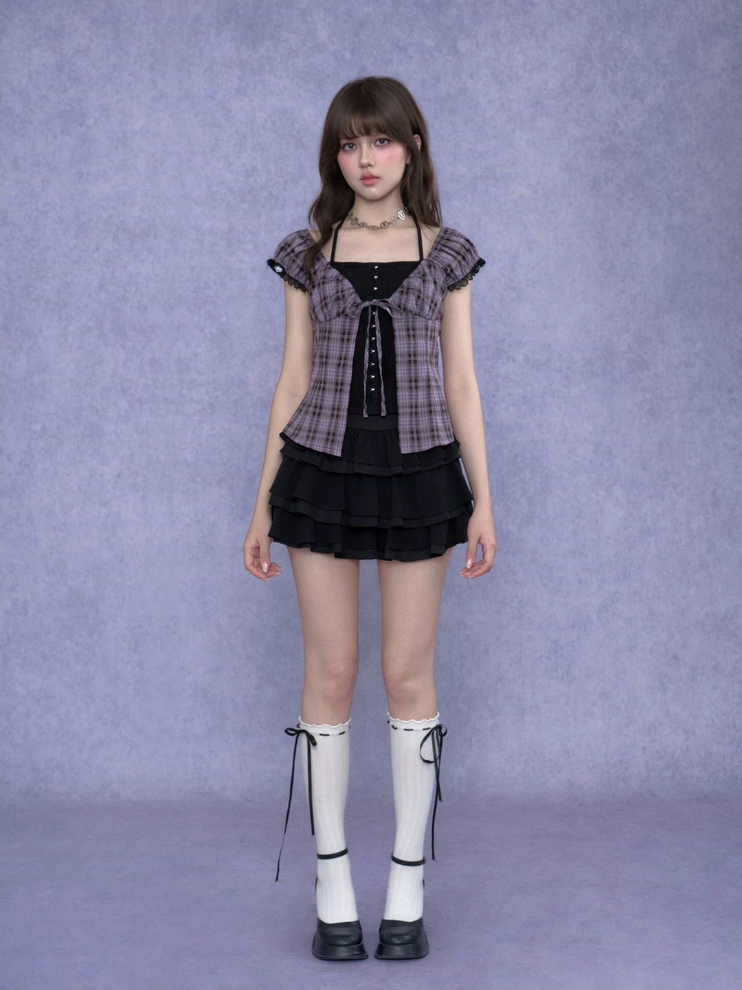 Purple Plaid Faux Layered Halter Top