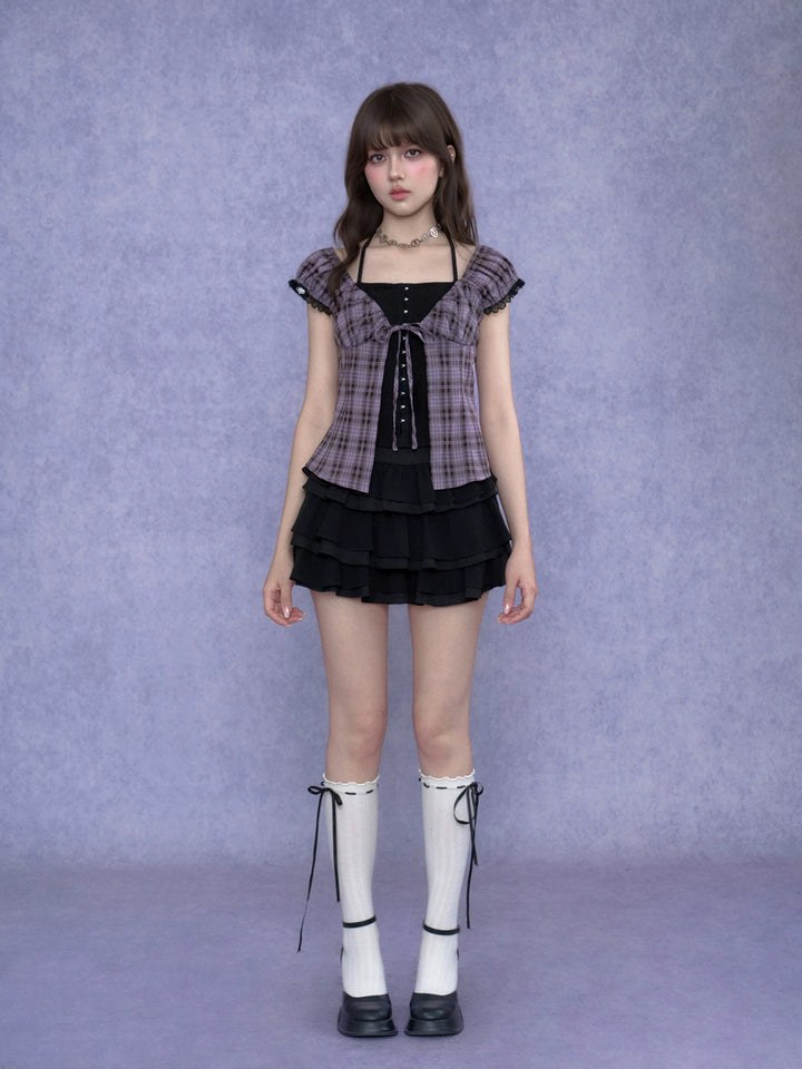 Purple Plaid Faux Layered Halter Top