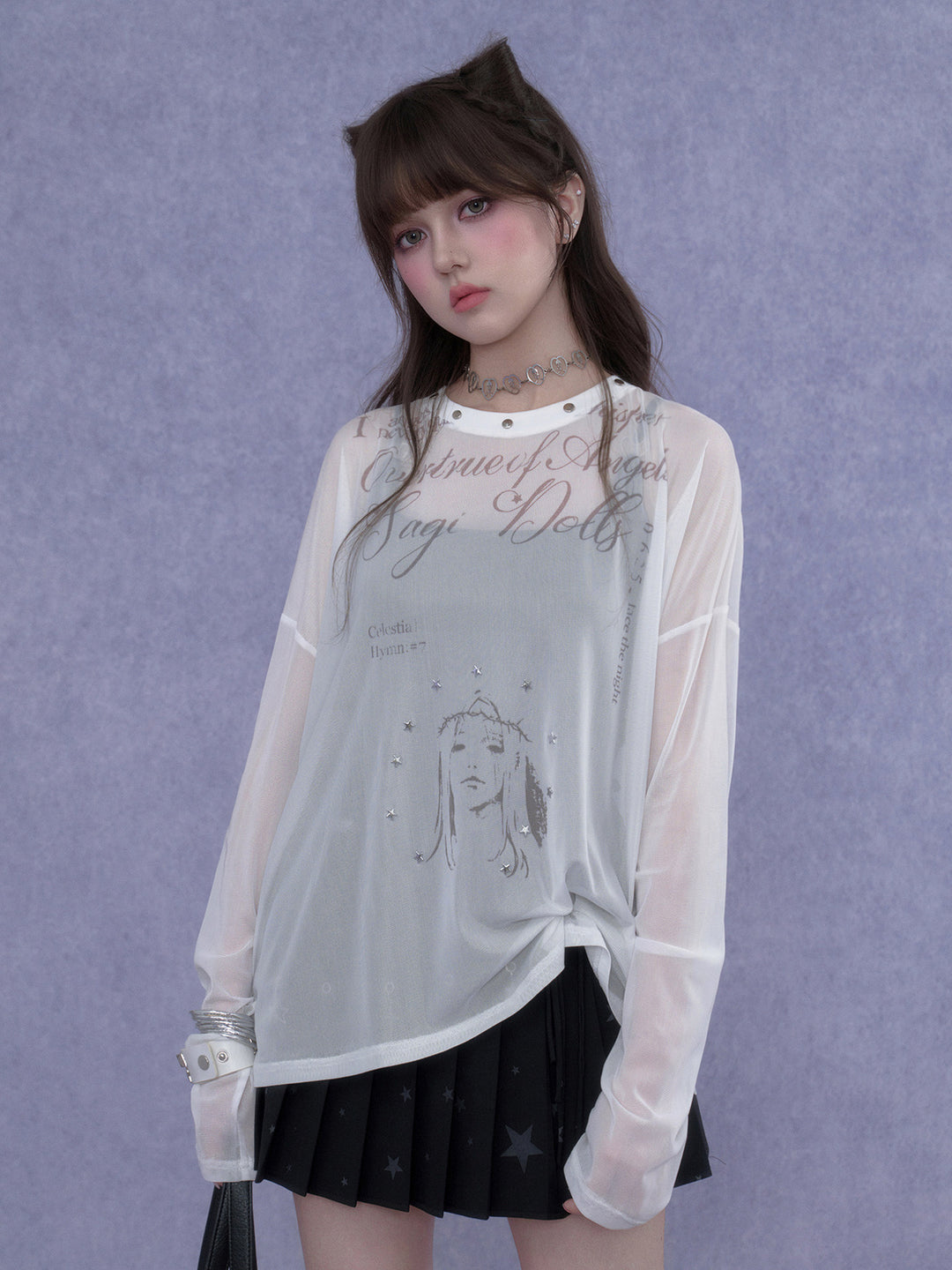 Y2K Celestial Graphic Mesh Top