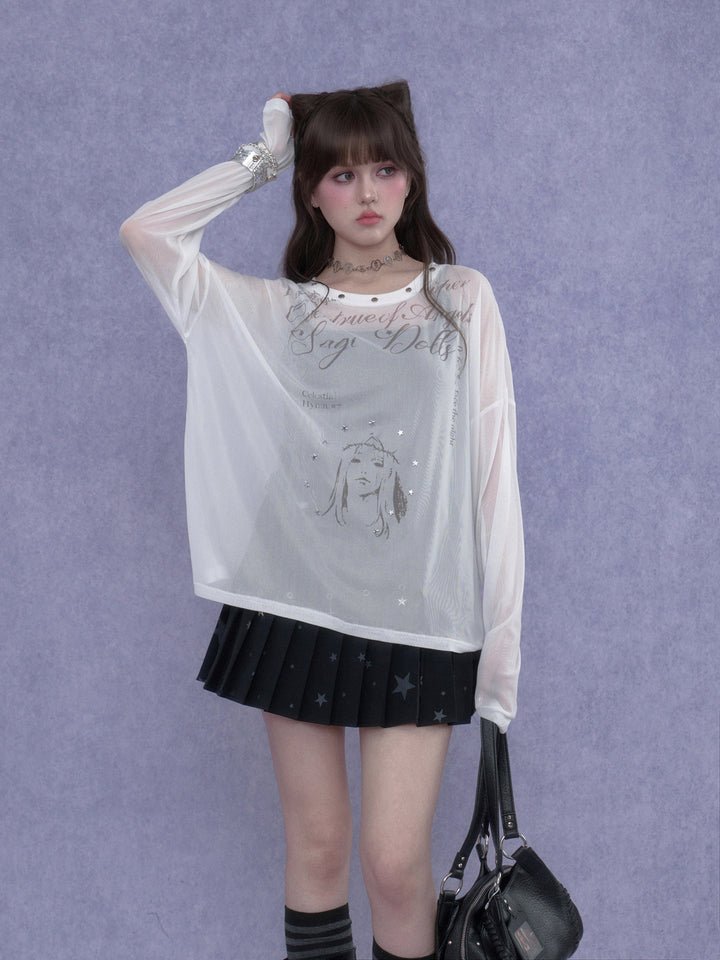 Y2K Celestial Graphic Mesh Top
