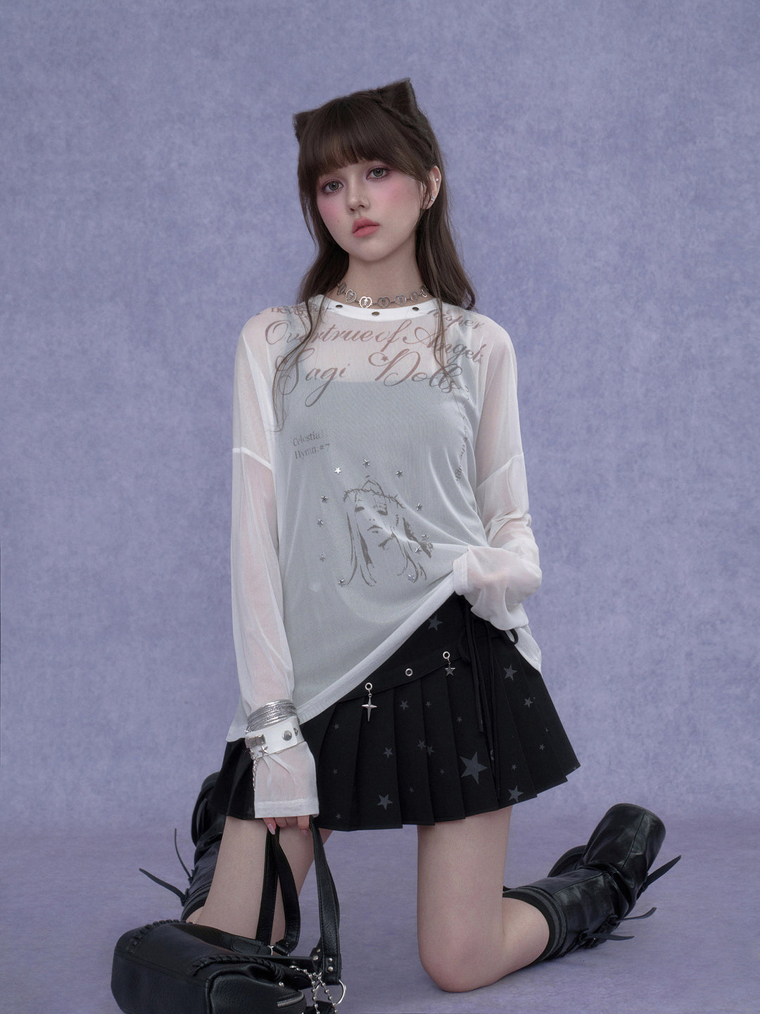 Y2K Celestial Graphic Mesh Top