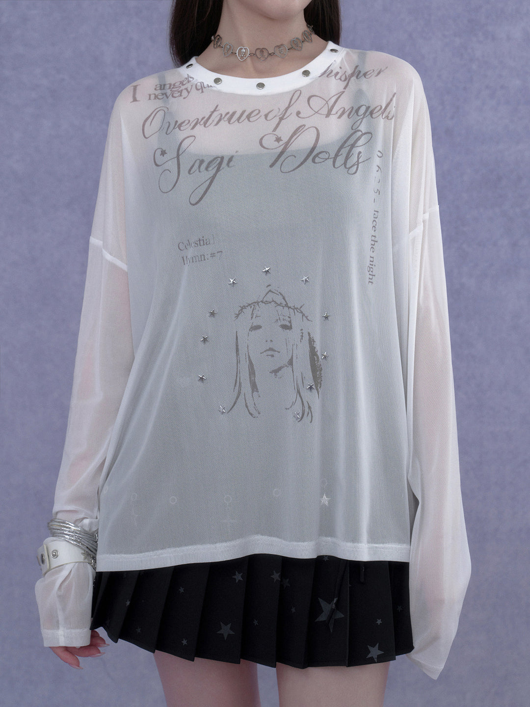Y2K Celestial Graphic Mesh Top