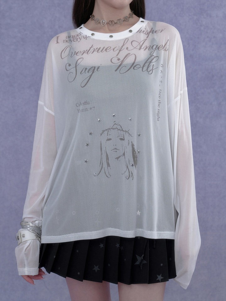 Y2K Celestial Graphic Mesh Top