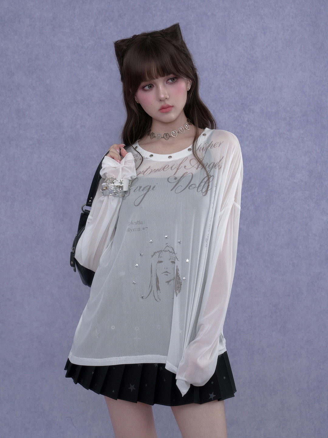Y2K Celestial Graphic Mesh Top