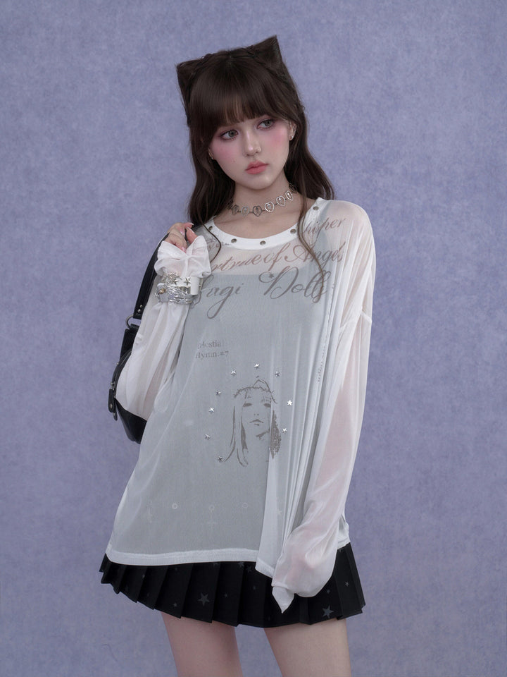 Y2K Celestial Graphic Mesh Top