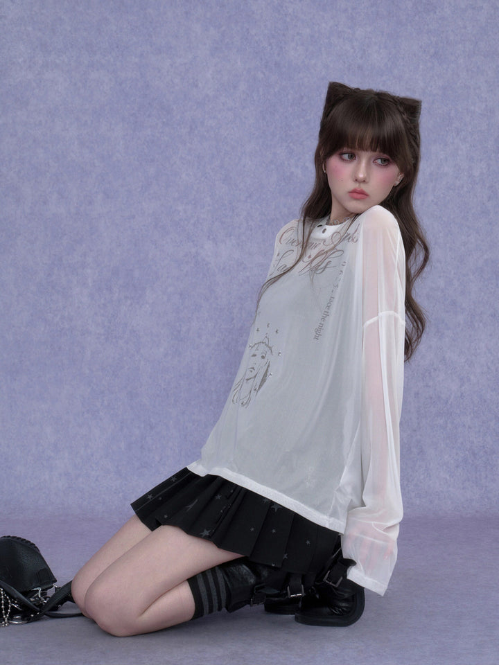 Y2K Celestial Graphic Mesh Top