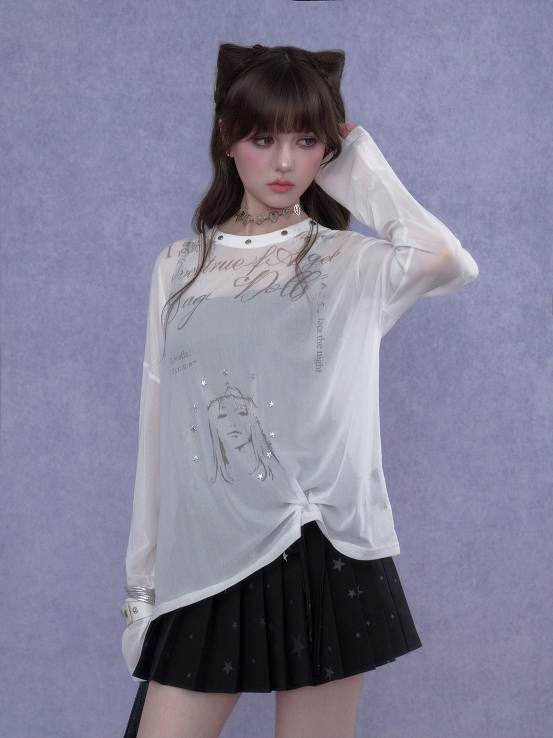 Y2K Celestial Graphic Mesh Top