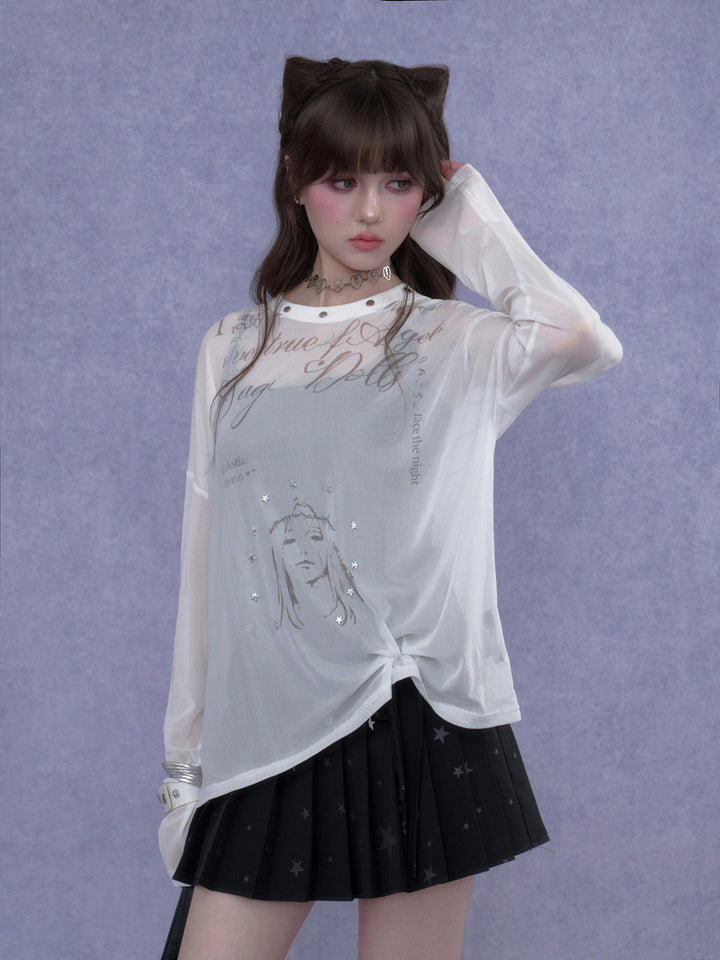 Y2K Celestial Graphic Mesh Top