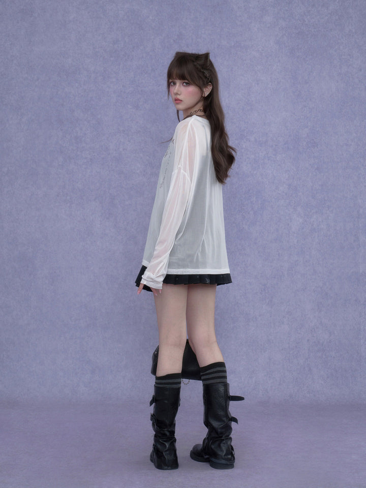 Y2K Celestial Graphic Mesh Top