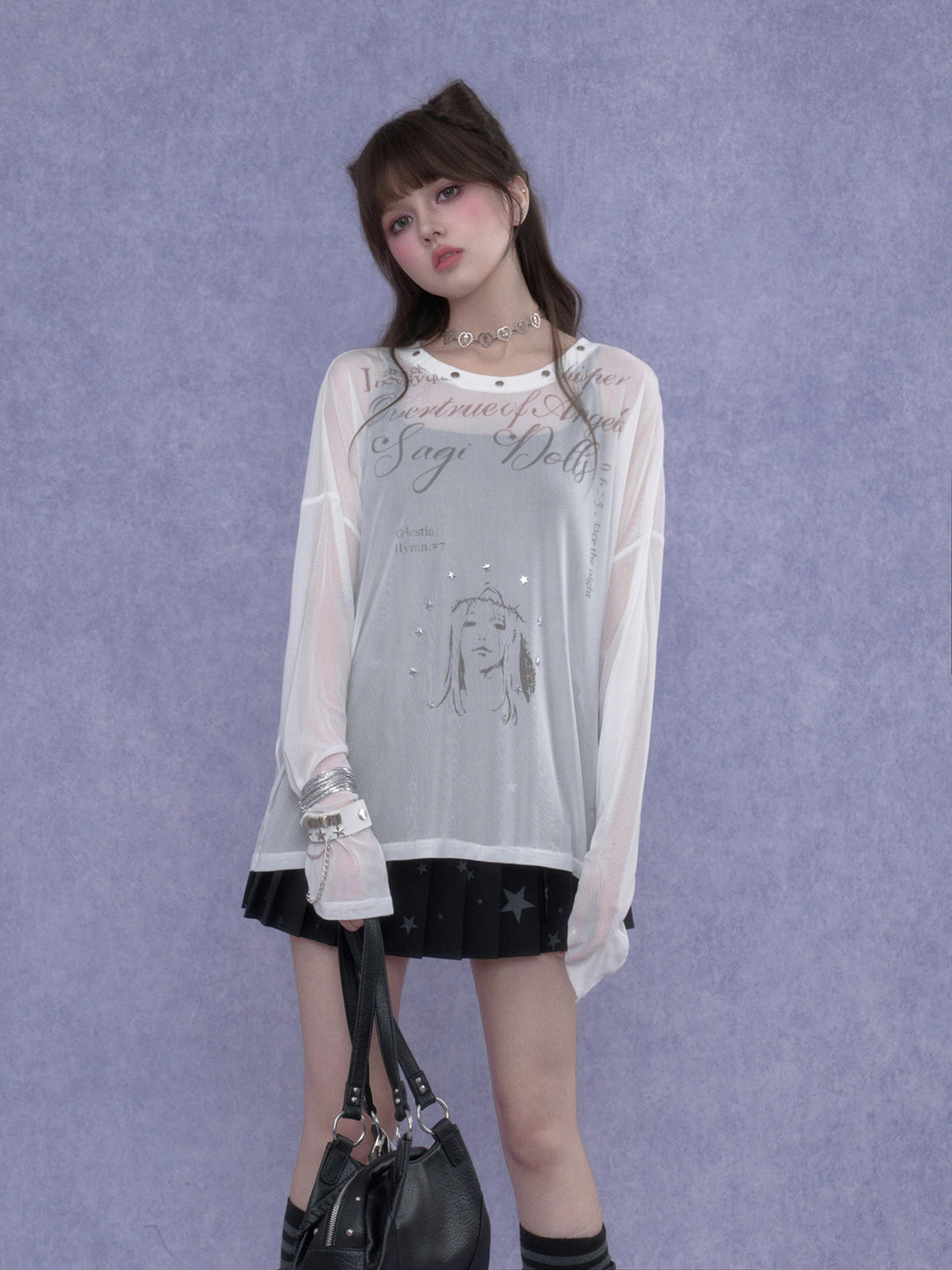 Y2K Celestial Graphic Mesh Top