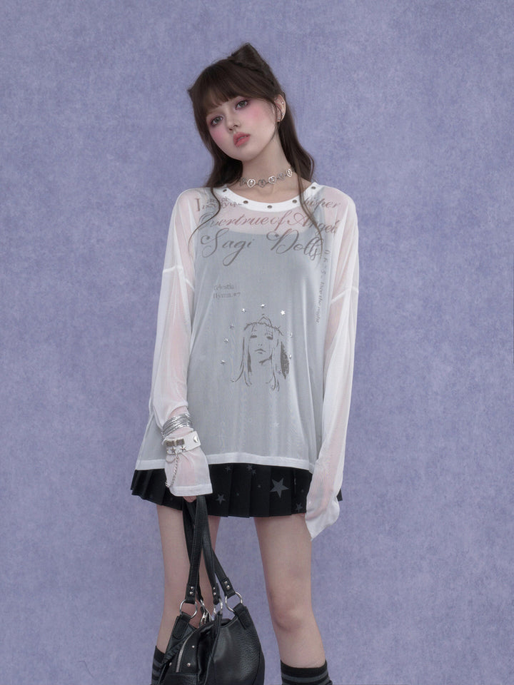 Y2K Celestial Graphic Mesh Top