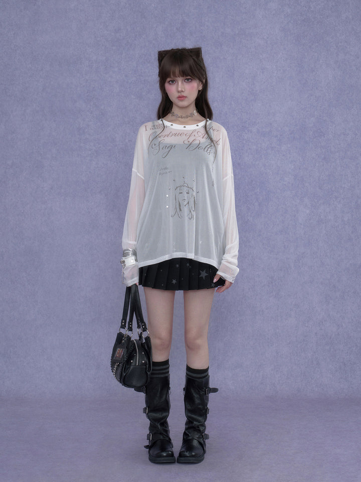 Y2K Celestial Graphic Mesh Top