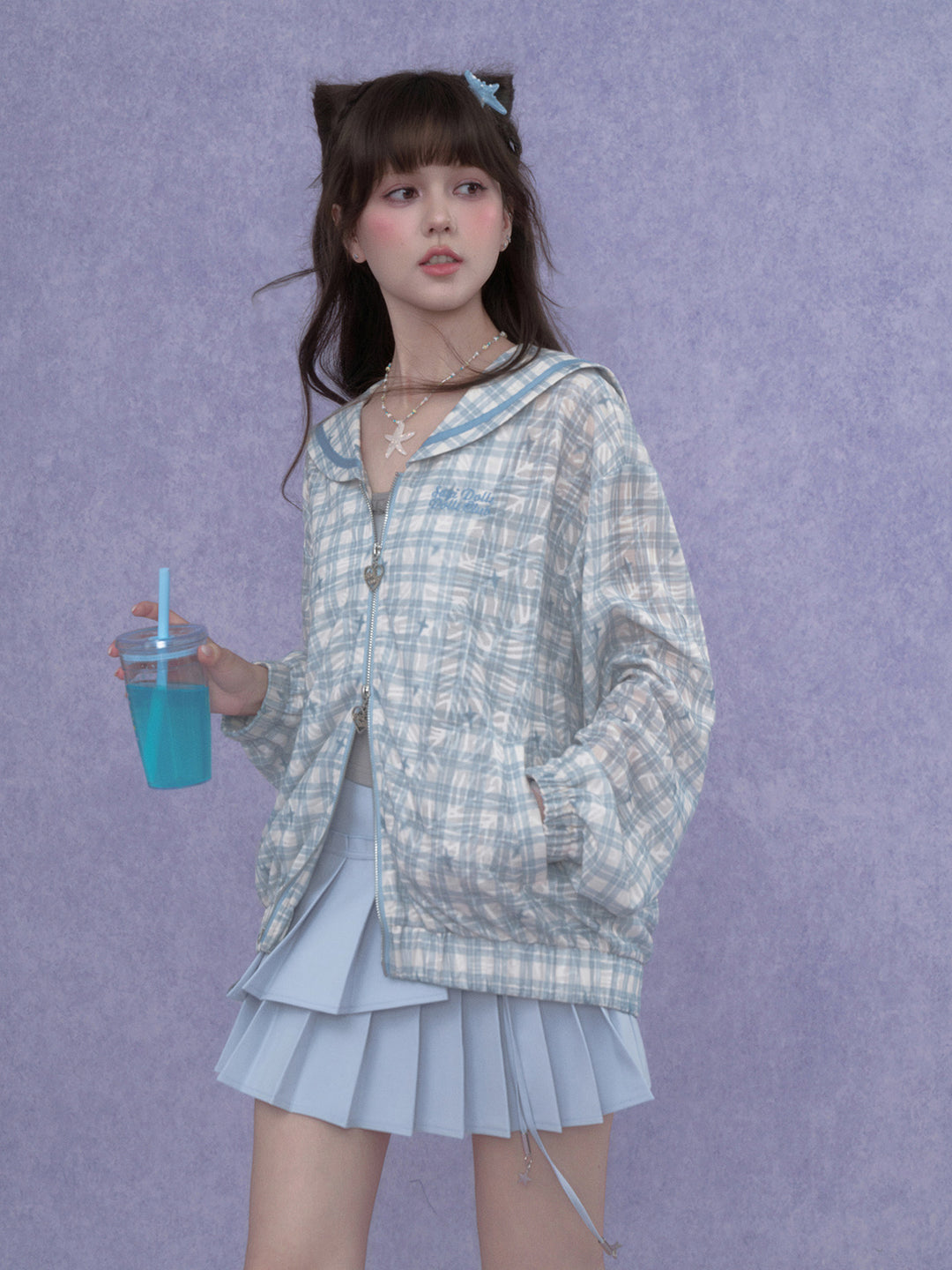 Blue Plaid Sailor Collar Jacket
