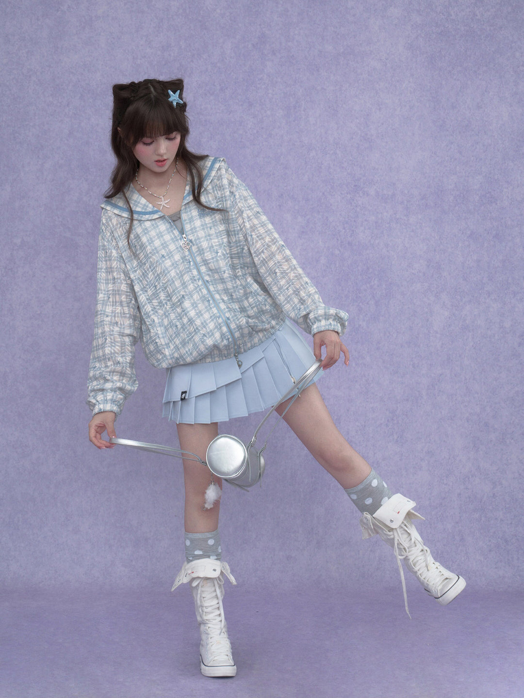 Blue Plaid Sailor Collar Jacket