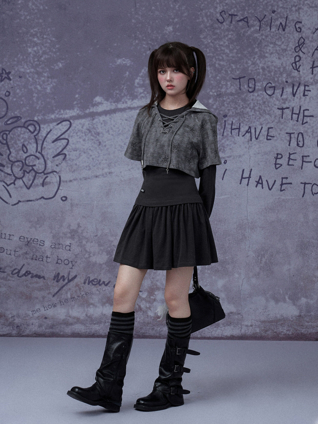 Grunge Cat Ear Two-Piece Mini Dress