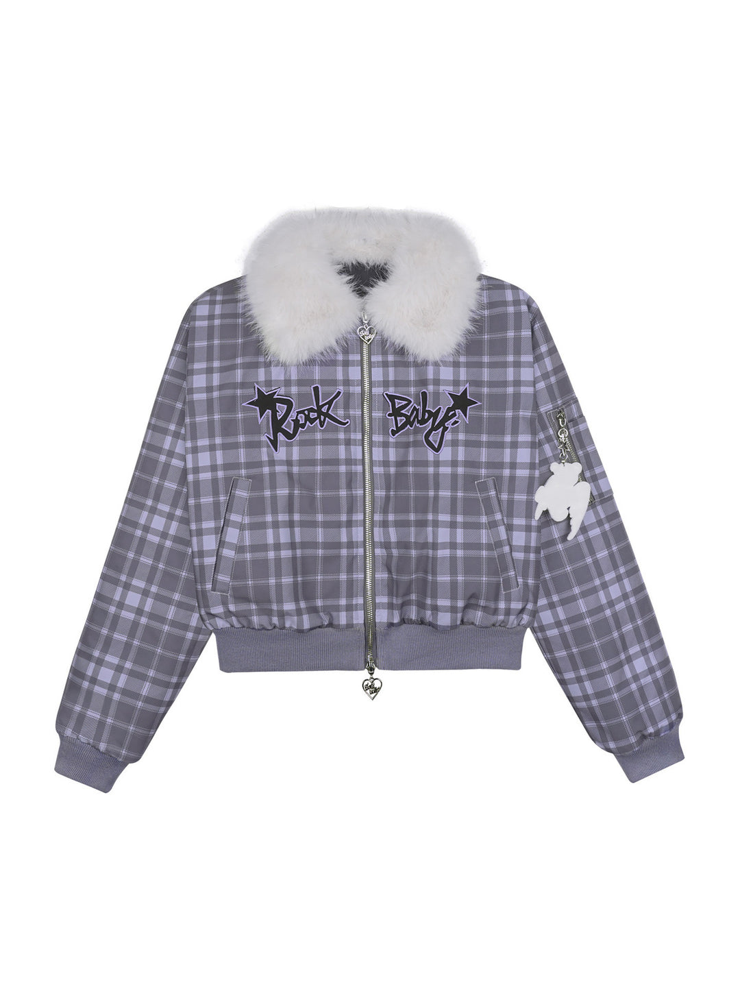 Y2K Plaid Plush Collar Bomber Jacket