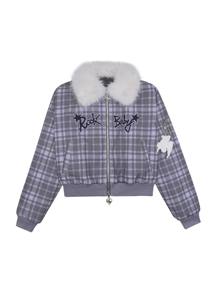 Y2K Plaid Plush Collar Bomber Jacket