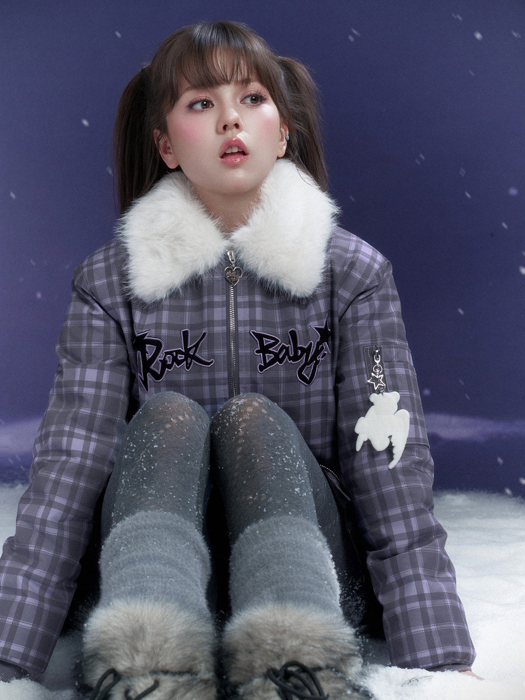 Y2K Plaid Plush Collar Bomber Jacket