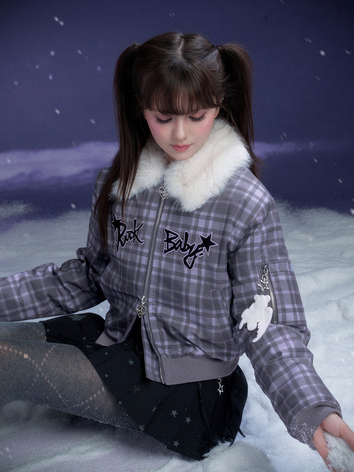 Y2K Plaid Plush Collar Bomber Jacket