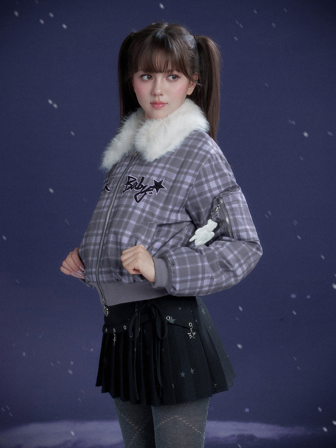 Y2K Plaid Plush Collar Bomber Jacket