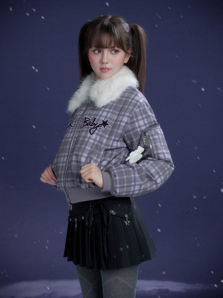 Y2K Plaid Plush Collar Bomber Jacket